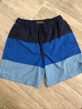 Men's Three-Tone Blue Swim Trunks with Elastic Waist